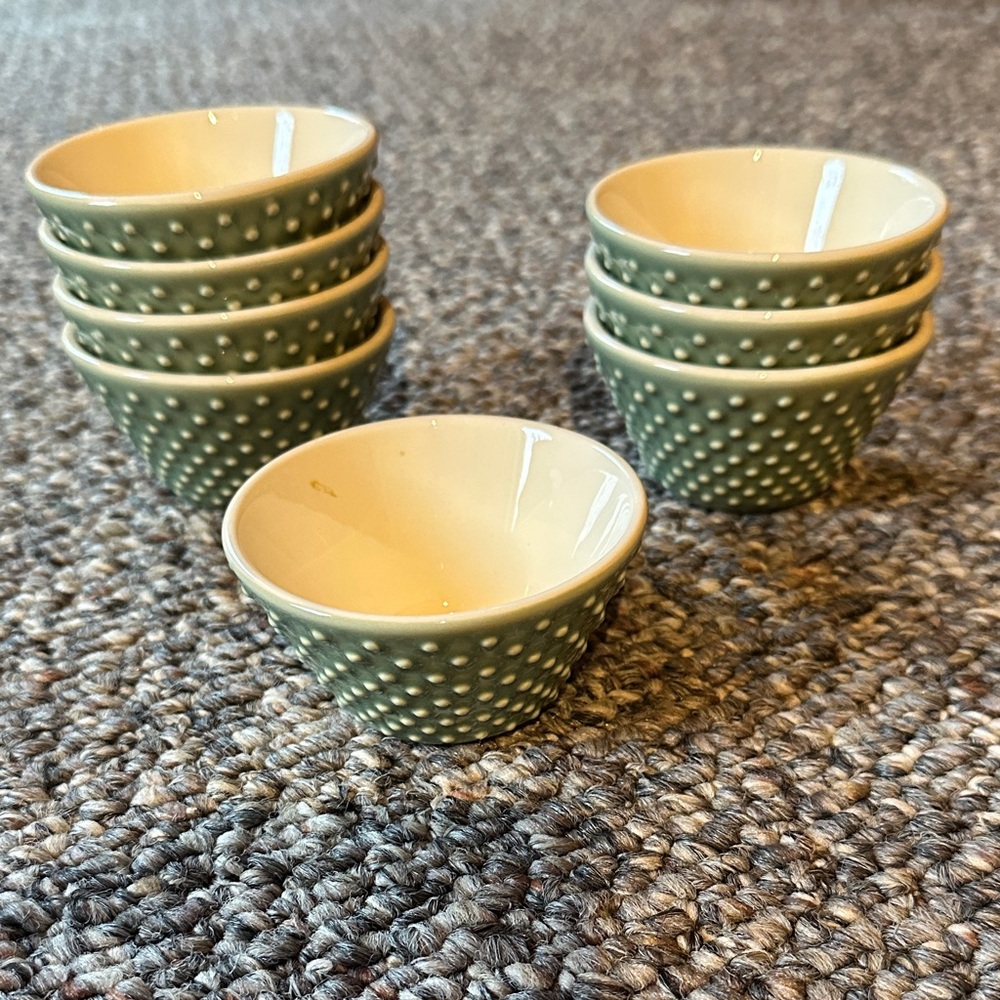 Set of 8 Ramekins (4oz) World Market Textured Green and Cream Bowls